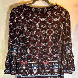 White House Black Market Black Floral Midi Length Dress Bell Sleeve Size Small